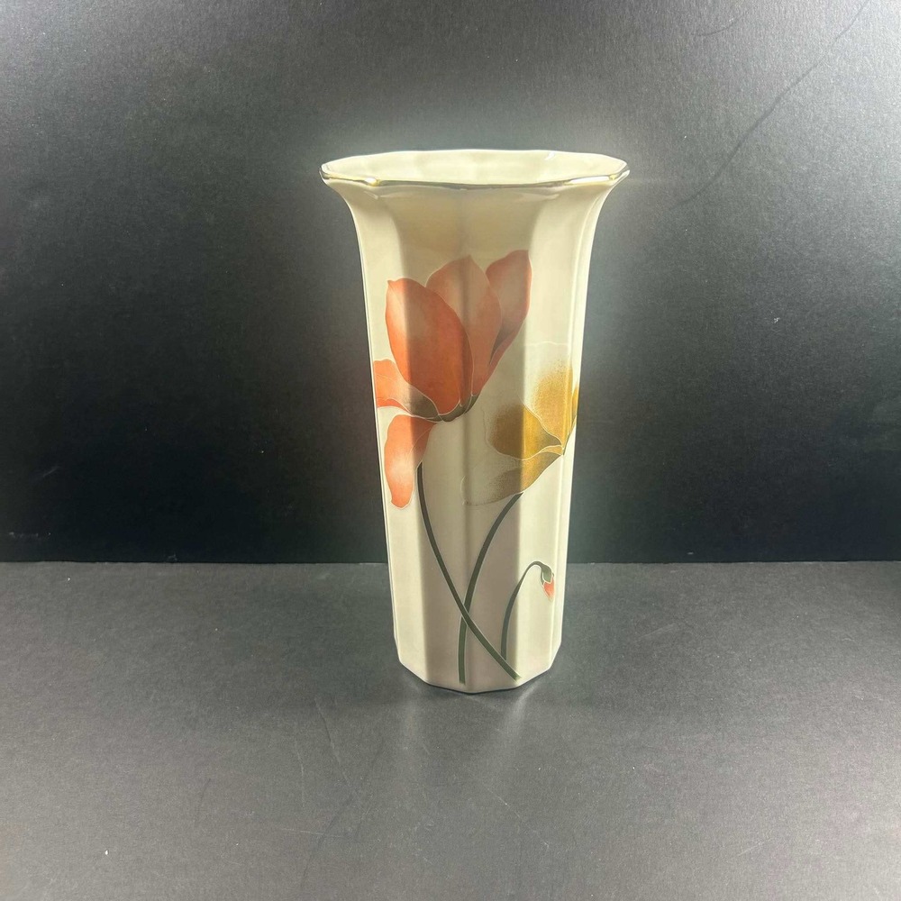 Japanese Porcelain Vase Cream Orange Floral Tulips Gold Trim Fluted